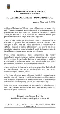 CÂMARA MUNICIPAL DE VALENÇA - NOTA DE ESCLARECIMENTO - CONCURSO PÚBLICO