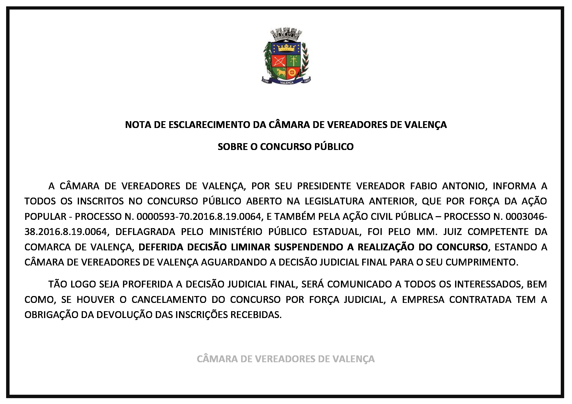 NOTA DE ESCLARECIMENTO DA CÂMARA DE VEREADORES DE VALENÇA  SOBRE O CONCURSO PÚBLICO